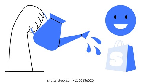 A hand holding a watering can pours water while a smiling face and shopping bag are visible. Ideal for growth concepts nurturing customer satisfaction support creativity and positive emotions. Simple