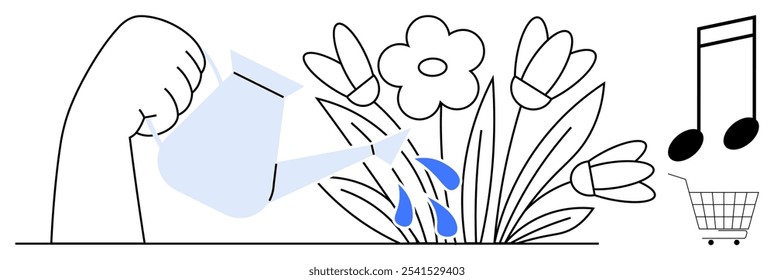 A hand holding a watering can waters flowers. Nearby are a musical note and shopping cart symbols. Ideal for gardening, music, shopping, nature care, and relaxation themes. Simple, clean style