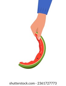 Hand holding watermelon rind. Hand throws watermelon rind into trash can. Organic waste. Trash sorting, recycling. Vector illustration