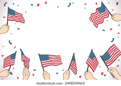 Hand holding and waving america flag on white isolated background . Vector .