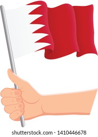 Hand holding and waving the national flag of Bahrain. Fans, independence day, patriotic concept. Vector illustration, eps 10.