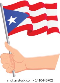 Hand holding and waving the national flag of Puerto Rico. Fans, independence day, patriotic concept. Vector illustration, eps 10.