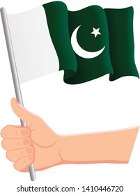 Hand holding and waving the national flag of Pakistan. Fans, independence day, patriotic concept. Vector illustration, eps 10.