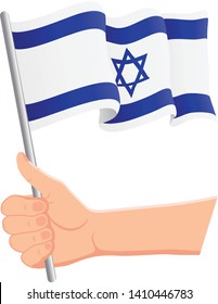 Hand holding and waving the national flag of Israel. Fans, independence day, patriotic concept. Vector illustration, eps 10.