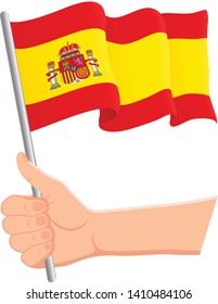 Hand holding and waving the national flag of Spain. Fans, independence day, patriotic concept. Vector illustration, eps 10.