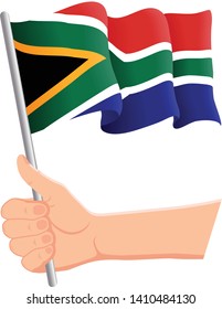 Hand holding and waving the national flag of South Africa. Fans, independence day, patriotic concept. Vector illustration, eps 10.