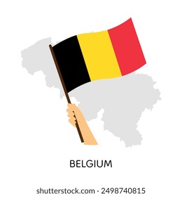 Hand holding and waving the national flag of Belgium on a country map