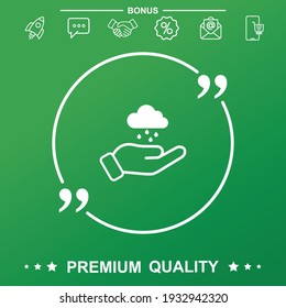 Hand holding weather icon. Text inside quote symbol