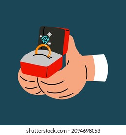 Hand holding wedding ring box flat vector illustration