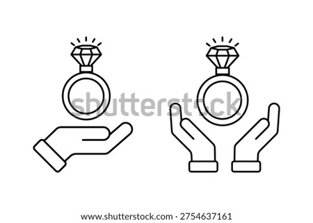 Hand Holding Wedding Ring Icon Vector Set. Brilliant, Gemstone Symbol