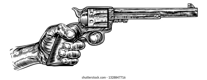 A Hand Holding Western Pistol Gun Revolver In A Vintage Retro Intaglio Woodcut Engraved Style