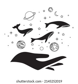 hand holding whales surrounded by planets