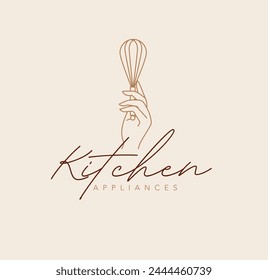 Hand holding whisk with lettering kitchen appliances drawing in linear style on beige background