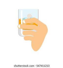 Hand holding whiskey and ice. Fingers and glass of scotch. Drink on white background. Alcohol illustration