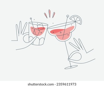 Hand holding whiskey and margarita cocktails clinking glasses drawing in flat line style on beige background