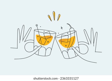 Hand holding whiskey and old fashioned cocktails clinking glasses drawing in flat line style on light background