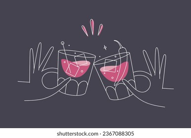 Hand holding whiskey and old fashioned cocktails clinking glasses drawing in flat line style on dark blue background
