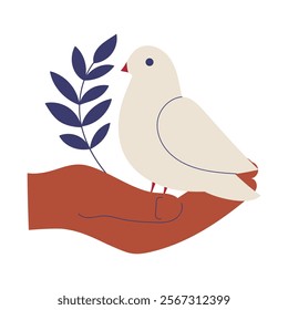 A hand holding a white bird with a leaf in its beak. The bird is a symbol of peace and the leaf represents growth and new beginnings