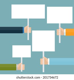 Hand holding white blank banner, flat design icons. Vector illustration