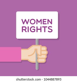 Hand holding white board. Banner with minimal icon. Women rights. Concept of protest. Vector illustration, flat style.