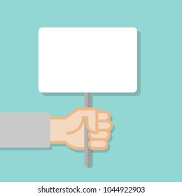 Hand holding white board. Banner with minimal icon. Empty placard plank. Concept of protest. Vector illustration, flat style.