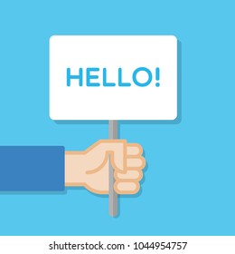 Hand holding white board. Banner with minimal icon. Vector illustration, flat style.