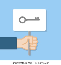 Hand holding white board. Banner with minimal icon. Concept of protest. Vector illustration, flat style.
