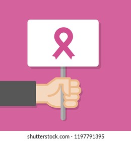 Hand holding white board. Pink ribbon awareness symbol. Breast cancer month. Concept of protest. Vector illustration, flat style.