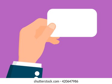 Hand holding white card. Vector illustration. Flat design.