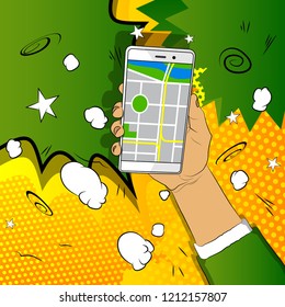 Hand holding white cellphone with map. Mobile gps navigation and tracking concept. Vector cartoon, comic book illustration for web sites, banners.