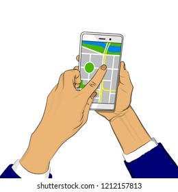 Hand holding white cellphone with map. Mobile gps navigation and tracking concept. Vector cartoon, comic book illustration for web sites, banners.