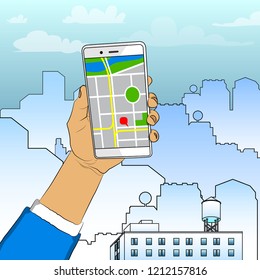 Hand holding white cellphone with map. Mobile gps navigation and tracking concept. Vector cartoon, comic book illustration for web sites, banners.
