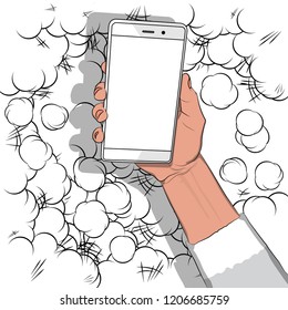 Hand holding white cellphone with white screen with explosion or cloudes background. Cartoon pop art retro vector illustration drawing in comic book style.