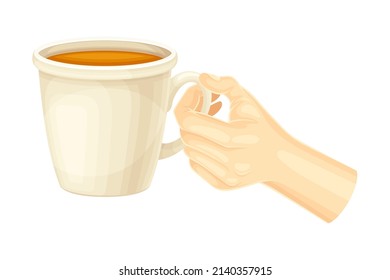 Hand holding white ceramic mug of tea vector illustration