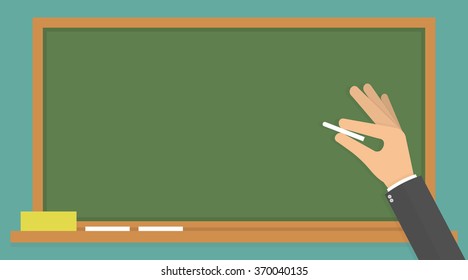 Hand holding white chalk in front of a green blank school board or chalkboard. Flat design