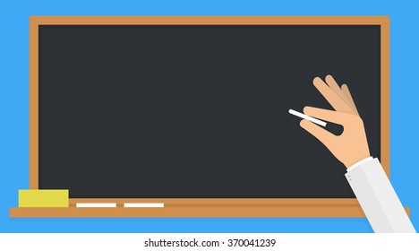 Hand holding a white chalk in front of a classic black blank school board or blackboard. Flat design