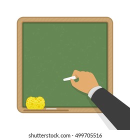 Mano sosteniendo tiza blanca frente a una tabla escolar verde. Pizarra con una escritura a mano. Tabla de educación.
