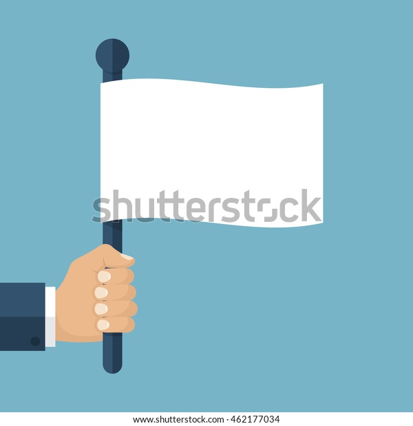 白い旗を持つ手 フラットデザインのベクターイラスト シンボルがあきらめる スレンダリングのコンセプト メッセージの停止 のベクター画像素材 ロイヤリティフリー