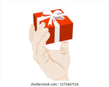 Hand holding white gift box with bow. Flat style