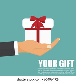 Hand holding white gift box with red bow. Flat style