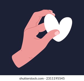 Hand holding white heart concept. Charity and generosity, help and support, donations. Love and romantic relationships. Template, layout and mock up. Cartoon flat vector illustration