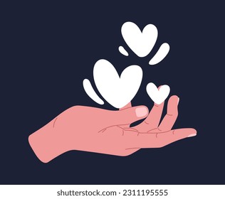 Mano sosteniendo el concepto de corazones blancos. Caridad y generosidad, bondad. Activista y voluntario. Organización o fundación benéfica. Romance y amor. Dibujo vectorial plano de dibujos animados