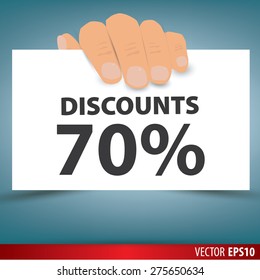 Hand holding white paper  discount 70 percent  Vector 