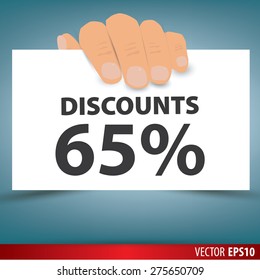 Hand holding white paper, a discount of 65  percent. Vector.
