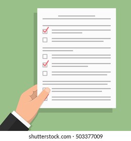 Hand holding white paper with test or survey, flat design image, vector eps10 illustration