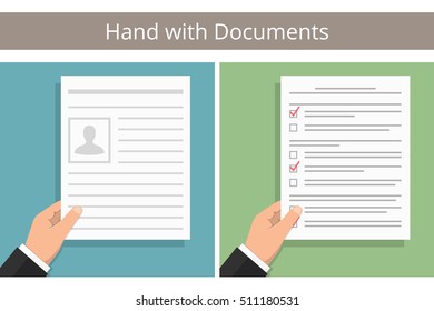 Hand holding white paper with text - document, contract, agreement, newspaper, etc, and hand with test or survey, vector eps10 illustration