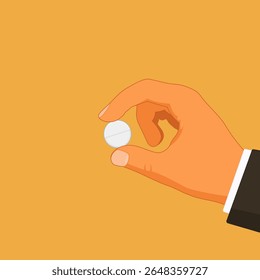 Mão segurando pílula redonda branca contra fundo laranja. Ilustração vetorial para conceitos relacionados a saúde, medicina, produtos farmacêuticos, tratamento, dosagem