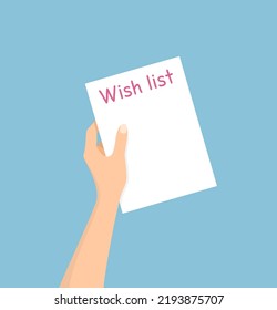 A hand holding a white sheet of paper with a wish list on a blue background. Flat vector illustration