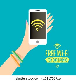 Hand holding white smart phone with free wi-fi sign on touch screen isolated on azure background. Vector flat style design phone with screen and human hand. Free wi-fi concept illustration