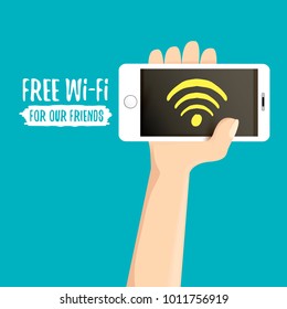Hand holding white smart phone with free wi-fi sign on touch screen isolated on azure background. Vector flat style design phone with screen and human hand. Free wi-fi concept illustration